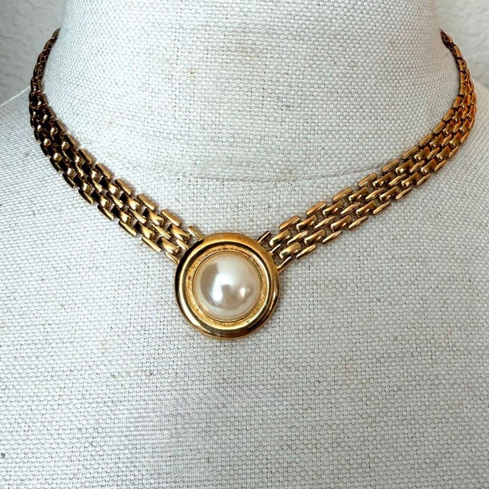 Vintage Gold Tone Faux Pearl Statement Necklace